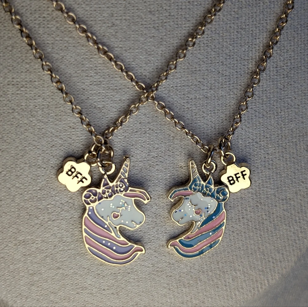 BFF Unicorn pony necklace set pastel rainbow gold tone gift pink purple blue